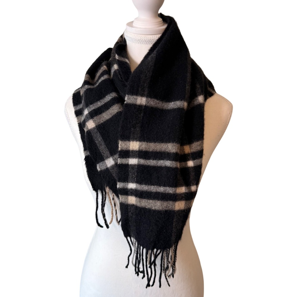 Womens 100% Cashmere Scarf OS Black Tan Plaid Fringe Quite Luxury Fall Wintr